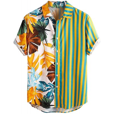Bluse T-Shirt Tops Hemden Herrenmode lässig Hawaiian Print Patchwork einreihiges Revers Trendhemd