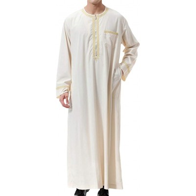 Herren Muslim Druck Kaftan Islamisch Royalty Dubai Robe O-Ausschnitt Lange Ärmel Retro Tuniken Abaya Lose Kandoura