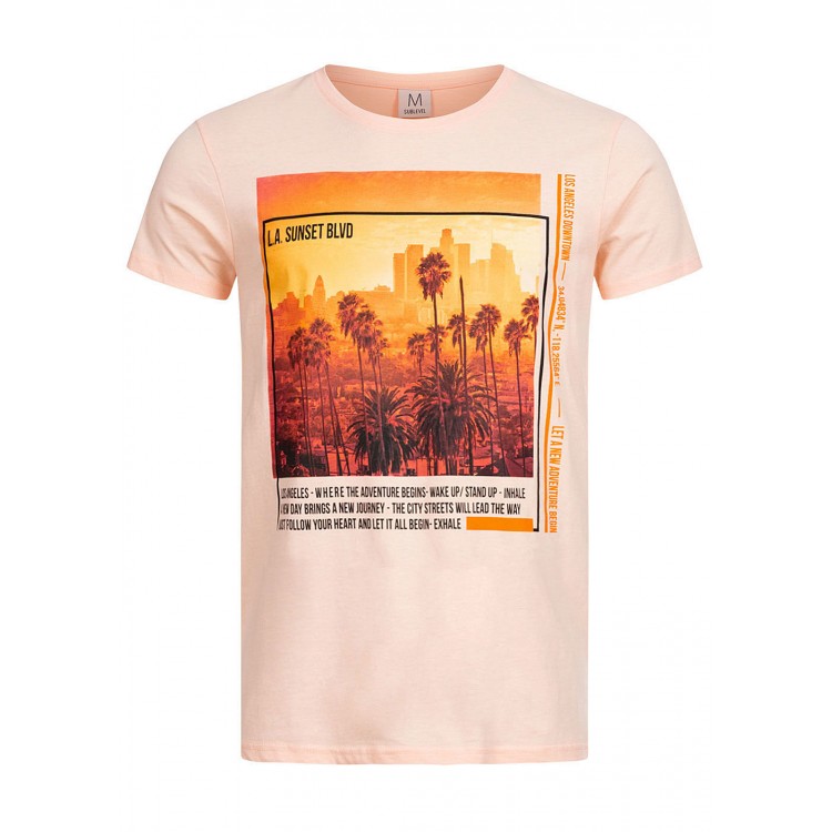 Herren Oberteile | Sublevel Herren T-Shirt L.A. Sunset BLVD Print light peach orange - QM07522Sublevel Herrenorange20020726-S-OR